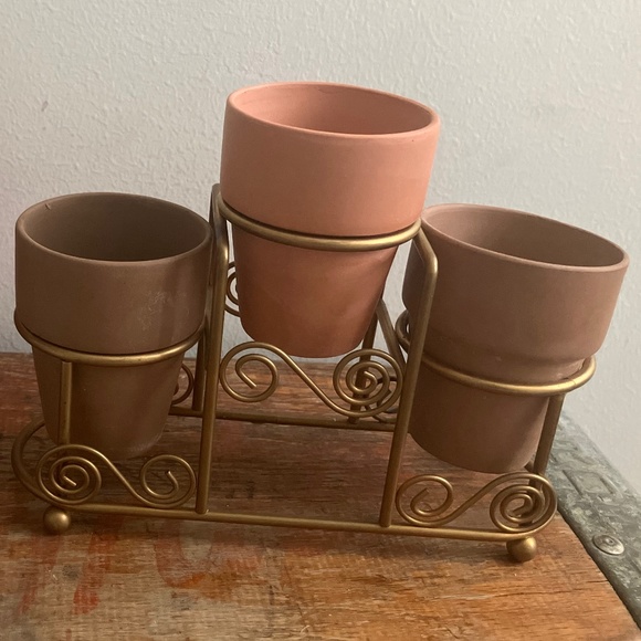 Boho 3 terracotta Ceramic Mini Planters + Vintage Boho Metal Stand Bronze Gold - Picture 4 of 4